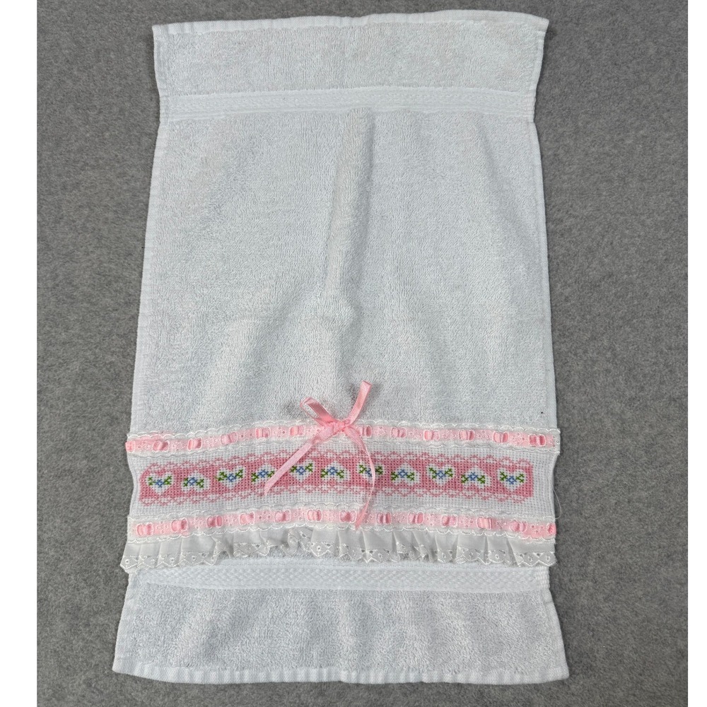Vintage Premier White Hand Towel Needlepoint Heart Coquette Lace Ribbon
